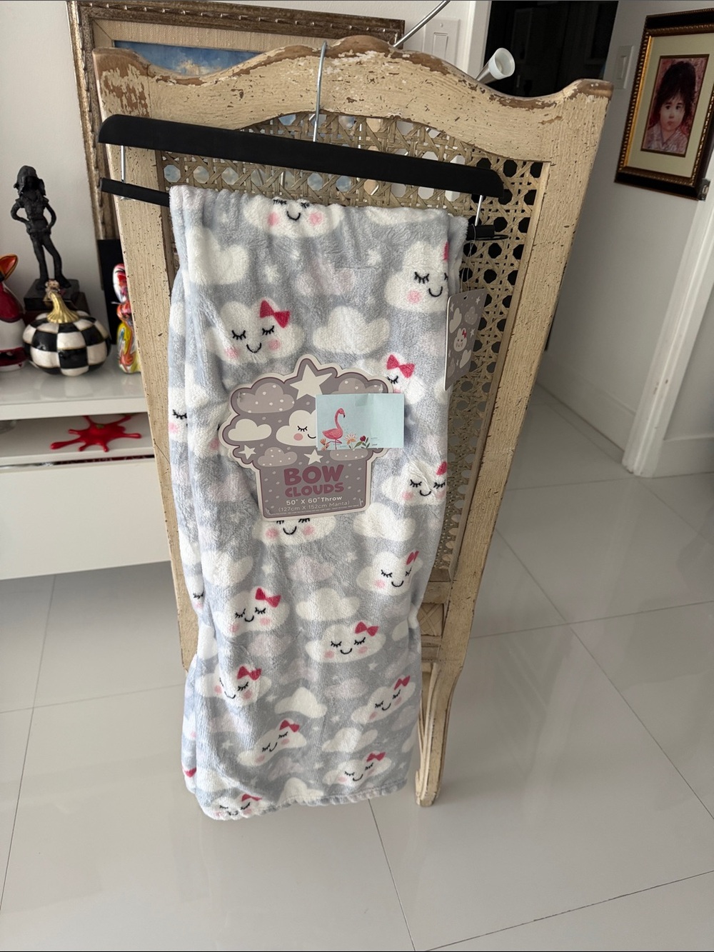 Bow Clouds Plush Gray with White Cloud & Pink Bow Pattern  Throw Blanket